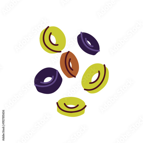 Six slices of assorted green, black, and brown olives in a pile. Pitted and cut vegetable pieces for illustrating pizza toppings, salad ingredients, and culinary recipes.