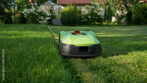 Robotic lawn mower cutting grass along the boundary wire with clear contrast between freshly mowed and unmowed areas. Smart home technology, landscaping, outdoor maintenance, and home improvement