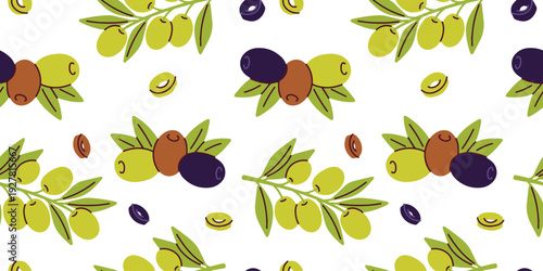 Seamless pattern with bowls of oil and various whole or sliced olives. Perfect repeatable background for kitchen textiles, food websites, and grocery branding.
