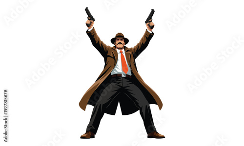 Retro Detective Man in Trench Coat Holding Two Pistols Up