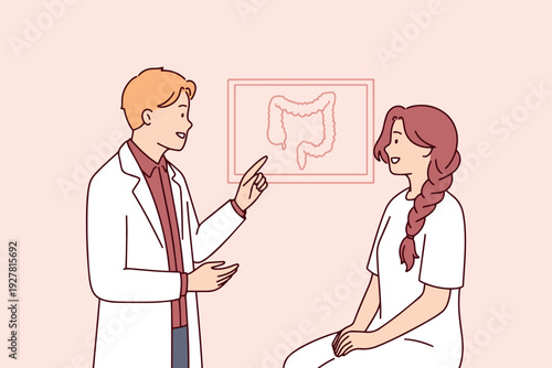 Professional doctor tells female patient about her colon health, mentioning polyps and hemorrhoids. Medical awareness about screening and diagnostic procedures.