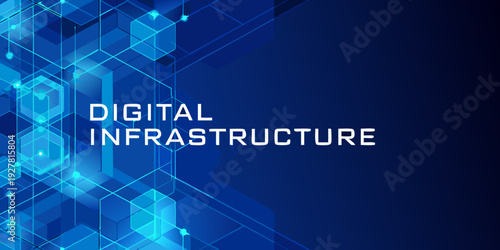 Abstract blue geometric background with digital infrastructure text