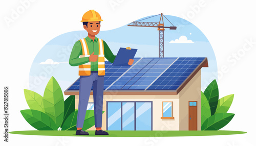 A smiling construction worker in a hard hat and safety vest inspects solar panels on a house with a crane in the background.