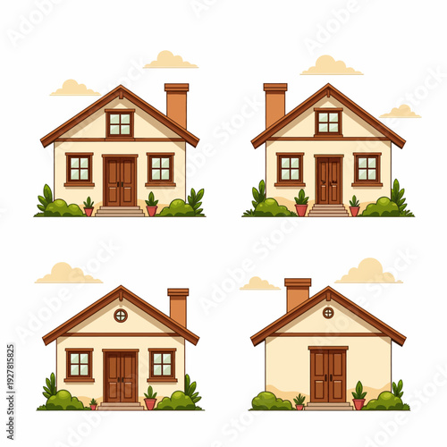 Simple suburban house icon set in a clean grid layout featuring small residential buildings with chimneys suitable for neighborhood maps or real estate apps.
