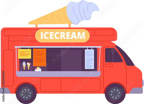 Ice cream truck color icon. Summer dessert stall