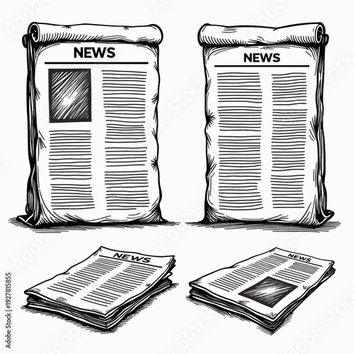 Set of classic black and white newspaper sketches including rolled and flat formats ideal for journalism themes vintage editorial designs or newsroom motifs.

