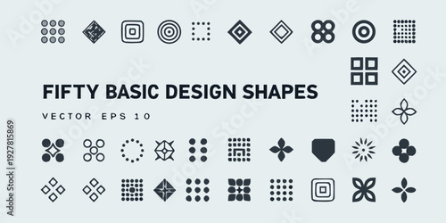 Collection of fifty basic geometric design shapes in a vector format