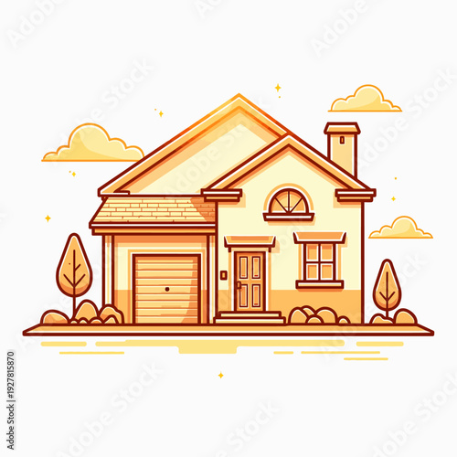A charming suburban house illustration in warm yellow tones featuring a front garage and manicured yard perfect for real estate branding or home design blogs.
