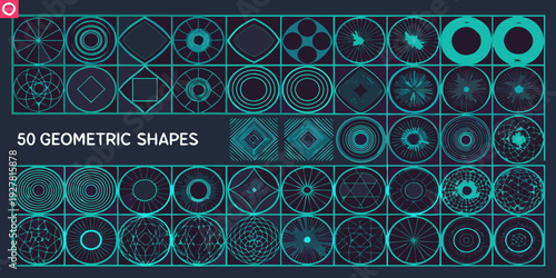 Collection of fifty glowing neon geometric shapes arranged in a grid