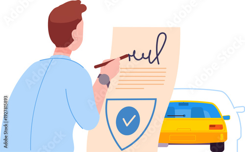 Man signing car insurance contract. Rental transport policy