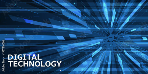 Abstract blue digital background with radiating light streaks and technology text