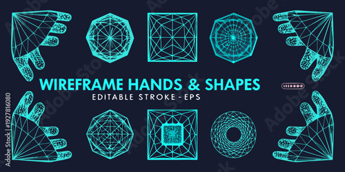 Geometric wireframe hands and shapes in a vibrant turquoise design
