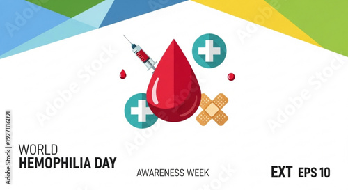 World hemophilia day awareness poster with red blood drop syringe and bandages on white background