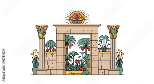 Ancient Egyptian Temple Entrance with Sun Symbol.