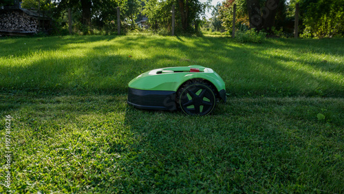 Robotic lawn mower cutting grass along the boundary wire with clear contrast between freshly mowed and unmowed areas. Smart home technology, landscaping, outdoor maintenance, and home improvement