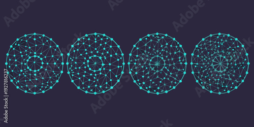 Four evolving geometric shapes constructed from interconnected cyan nodes