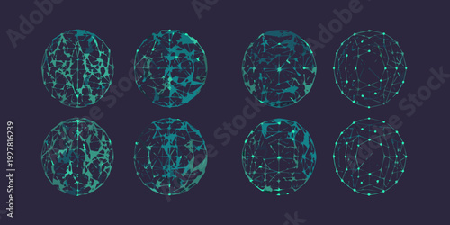 Abstract geometric shapes resembling eggs with interconnected node networks