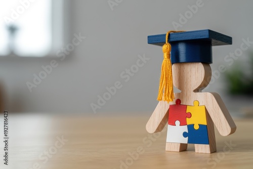 Wooden human figurine with graduation cap and colorful puzzle pieces.