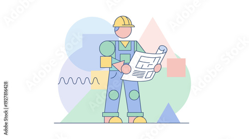 A construction worker in a hard hat and overalls examines blueprints with abstract geometric shapes in the background.