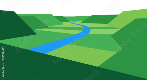 Blue River Flowing Through Green Landscape Illustration.