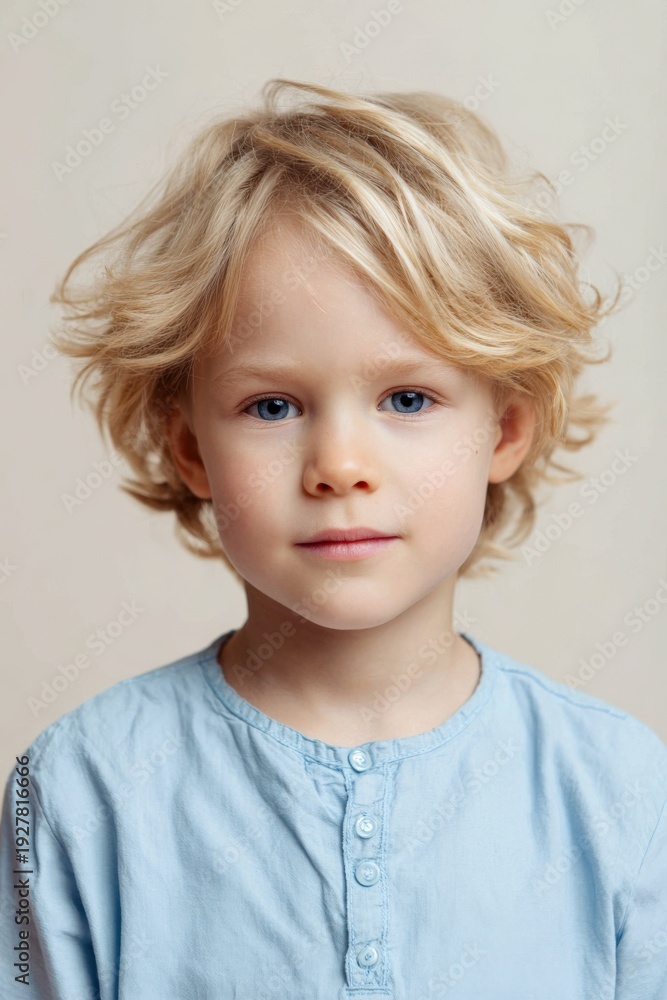 Naklejka premium Blond child standing still portrait in neutral indoor setting