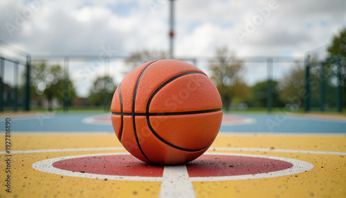 Vibrant orange basketball centered on the colorful painted lines of an empty outdoor court, ready for play concept and active lifestyle