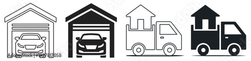 Garage Service and Home Relocation Vector Icon Set with Car Parking and House Moving Truck