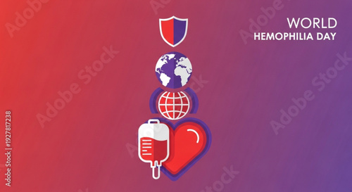 World hemophilia day awareness graphic with medical symbols on red purple background