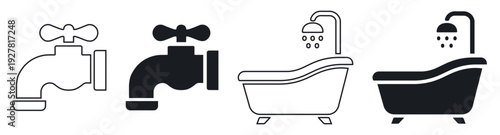 Minimalist Bathroom Fixtures Vector Icon Set Featuring Water Tap and Bathtub with Shower Symbols
