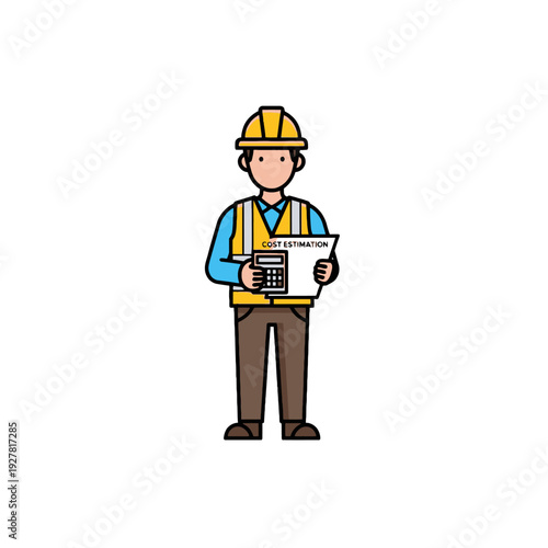 A construction worker in a hard hat and safety vest holds a cost estimation document with a calculator.