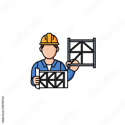 Construction worker in hard hat holding metal scaffolding components.