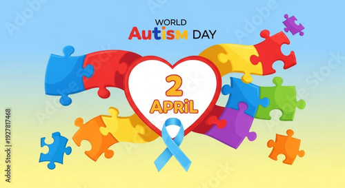 World autism day banner with colorful puzzle pieces and heart shaped ribbon on blue and yellow background symbolizing autism awareness on april 2nd