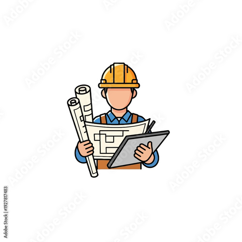An architect or engineer wearing a hard hat, holding blueprints and a tablet.
