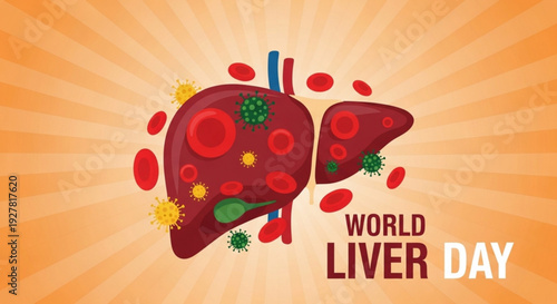 Liver with virus cells and blood vessels on world liver day awareness campaign for liver health and disease prevention