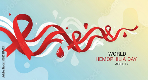 World hemophilia day awareness ribbon with blood droplets on gradient background