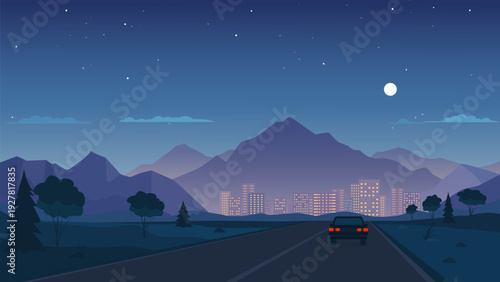 Night road into the city with mountains in the background. A car drives along a night road into a city illuminated by night lights. Vector illustration of a night landscape with a highway and a city.