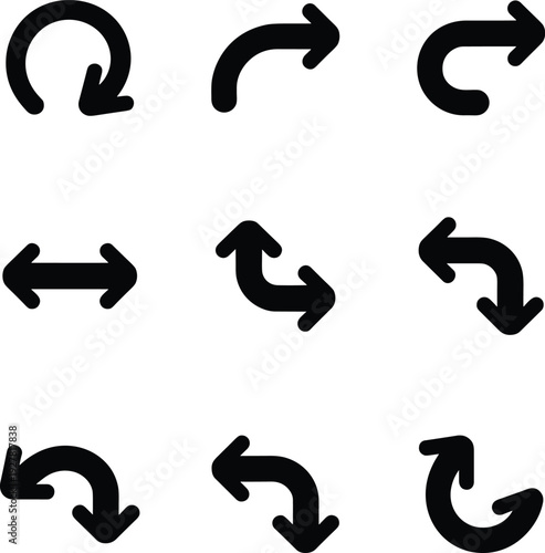 Sleek black arrow icons, illustrating directional, refresh, undo, and resize actions, isolated on a bright white background for intuitive digital navigation.