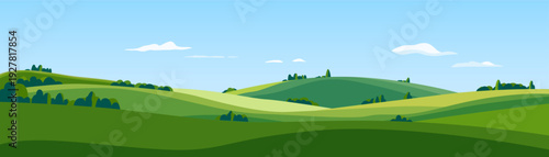 Beautiful landscape of green fields, meadows, and hills against a stunning blue sky. A wonderful landscape of green fields and meadows. Vector illustration of a summer landscape.