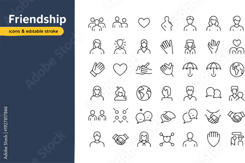 Set of 42 minimalist friendship and empathy icons with editable strokes for social connection, community support, and teamwork.