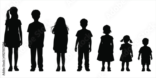 Black silhouette outlines of children and teenagers of varying heights vector illustration