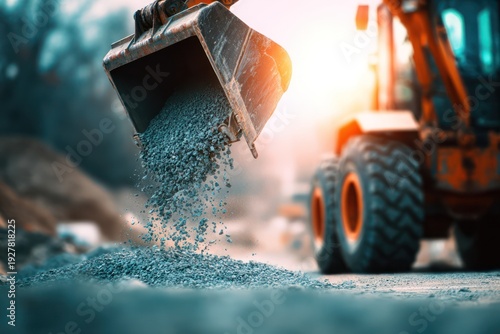 Front loader moving gravel on construction site