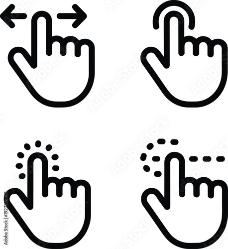 Black outline icons depicting hand gestures for touch screen interfaces, demonstrating tap, swipe, and drag actions for digital user experience.