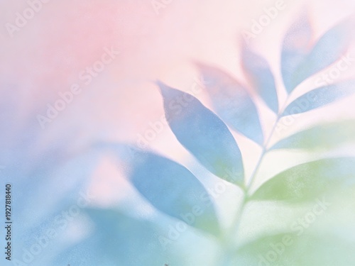 Abstract pastel background with soft leaf shape, smooth gradient in pink blue and green tones, minimal botanical blur backdrop for modern design and branding