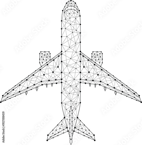 Abstract Geometric Airplane Wireframe Network Dots Lines Digital Polygonal Aircraft Silhouette Modern Minimal Tech Vector Art Futuristic Aviation Connectivity Design on White Background High Resolutio