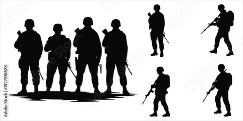 Collection of soldier silhouettes in various poses with rifles on white background military army