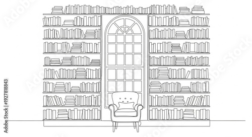 Detailed Illustration of Bookshelves and Books.