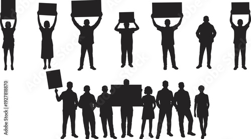 Collection of diverse human silhouettes holding blank signs for protest or rally people group