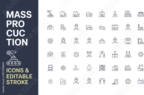 Set of 42 minimalist mass production and industrial logistics icons with editable strokes for manufacturing, supply chain, and automation design.