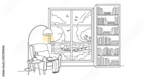 Detailed Sketch of Bookshelf and Window.