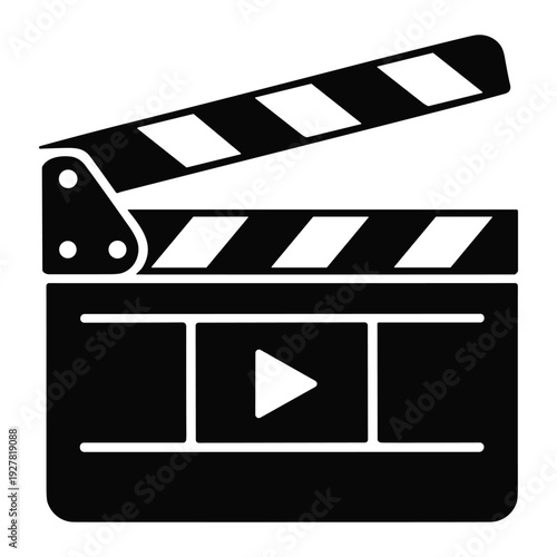 A professional black and white graphic icon of an open film clapperboard and video play button, symbolizing creative digital media production with sharp contrast.